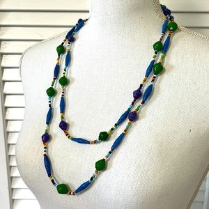 Beaded Necklace Blue Green Turquoise 56” total length wrapped paper beads